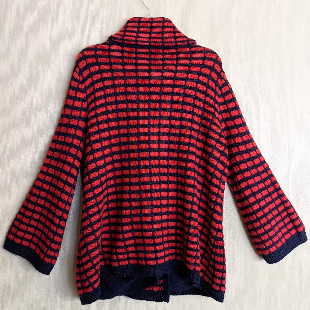 Beth Bowley Cardigan Sweater Red Blue Wool Cowl Neck Check Size Small - Picture 12 of 15